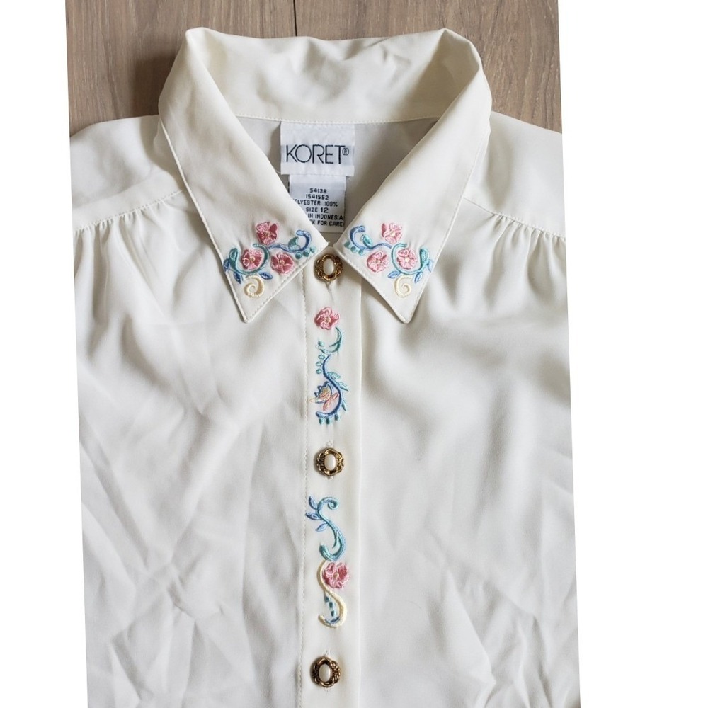 Vintage Koret Blouse Womens 12 Ivory Embroidered Floral Button Front Long Sleeve